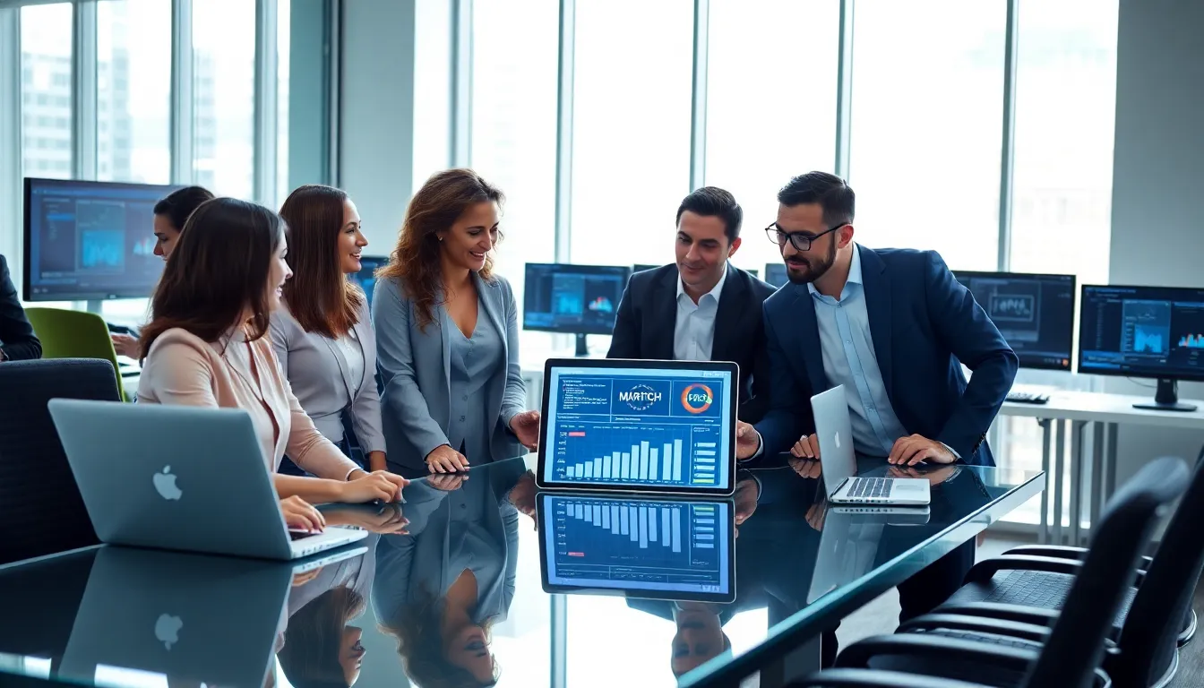 diverse team discussing martech solutions in a modern office.