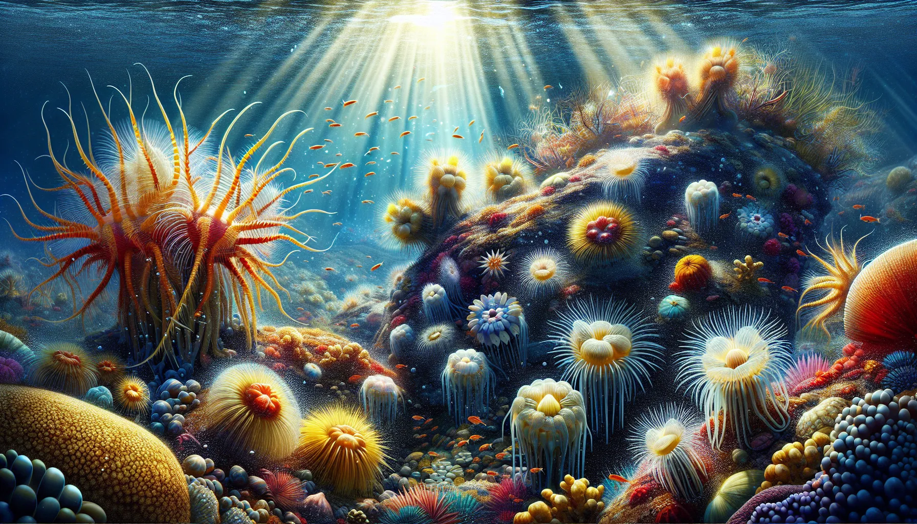 vibrant underwater scene with diverse potosterums in their habitat.