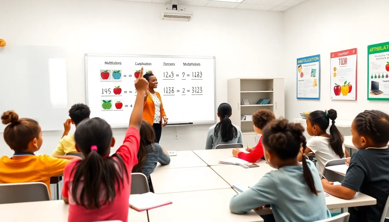 students learning multiplication in a modern classroom setting.