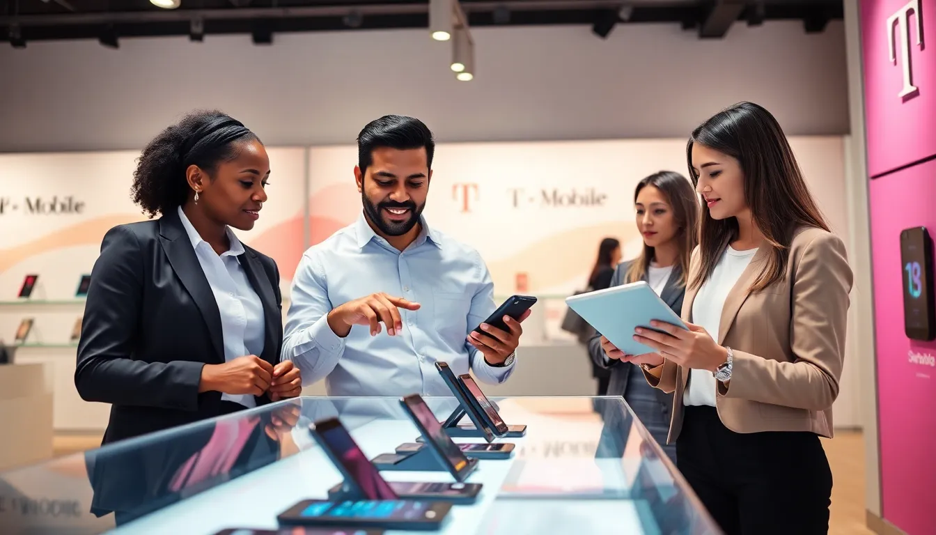 diverse group discussing T Mobile Track Phones in a modern retail setting.