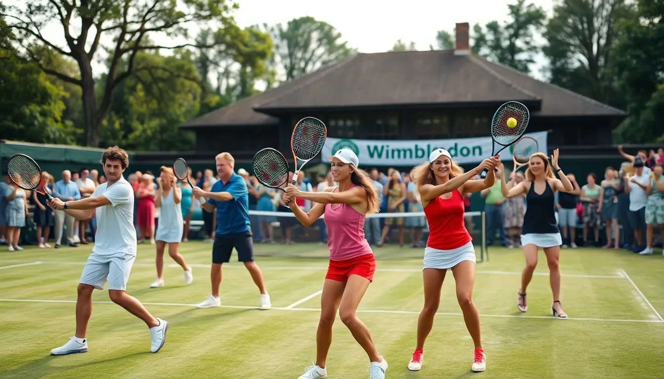 diverse tennis players in action on a vibrant court.