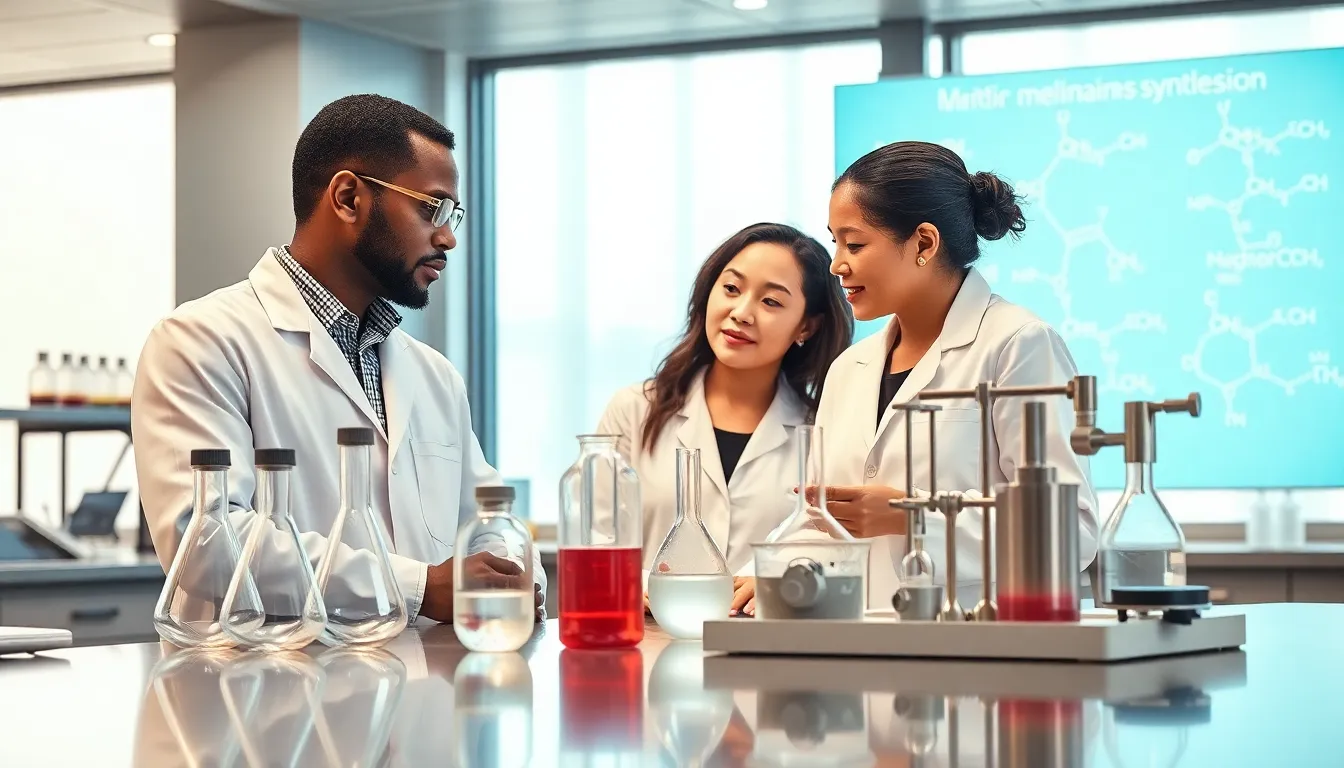 scientists in a modern lab synthesizing melamine compounds.