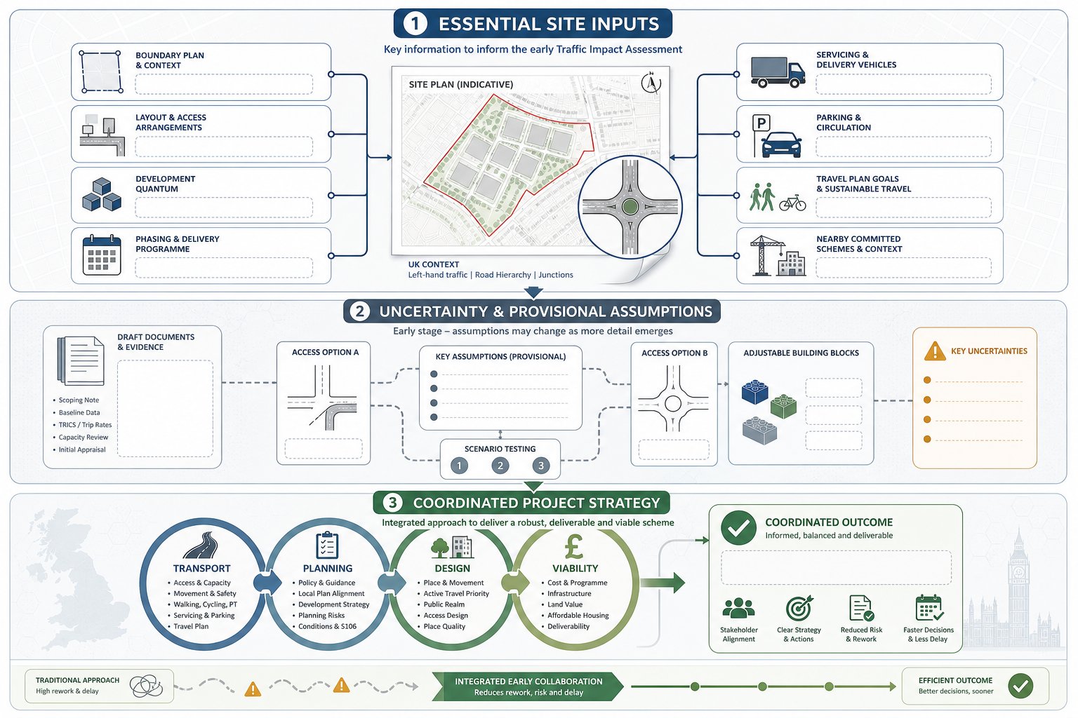 Infographic of early traffic assessment inputs for UK property developers.