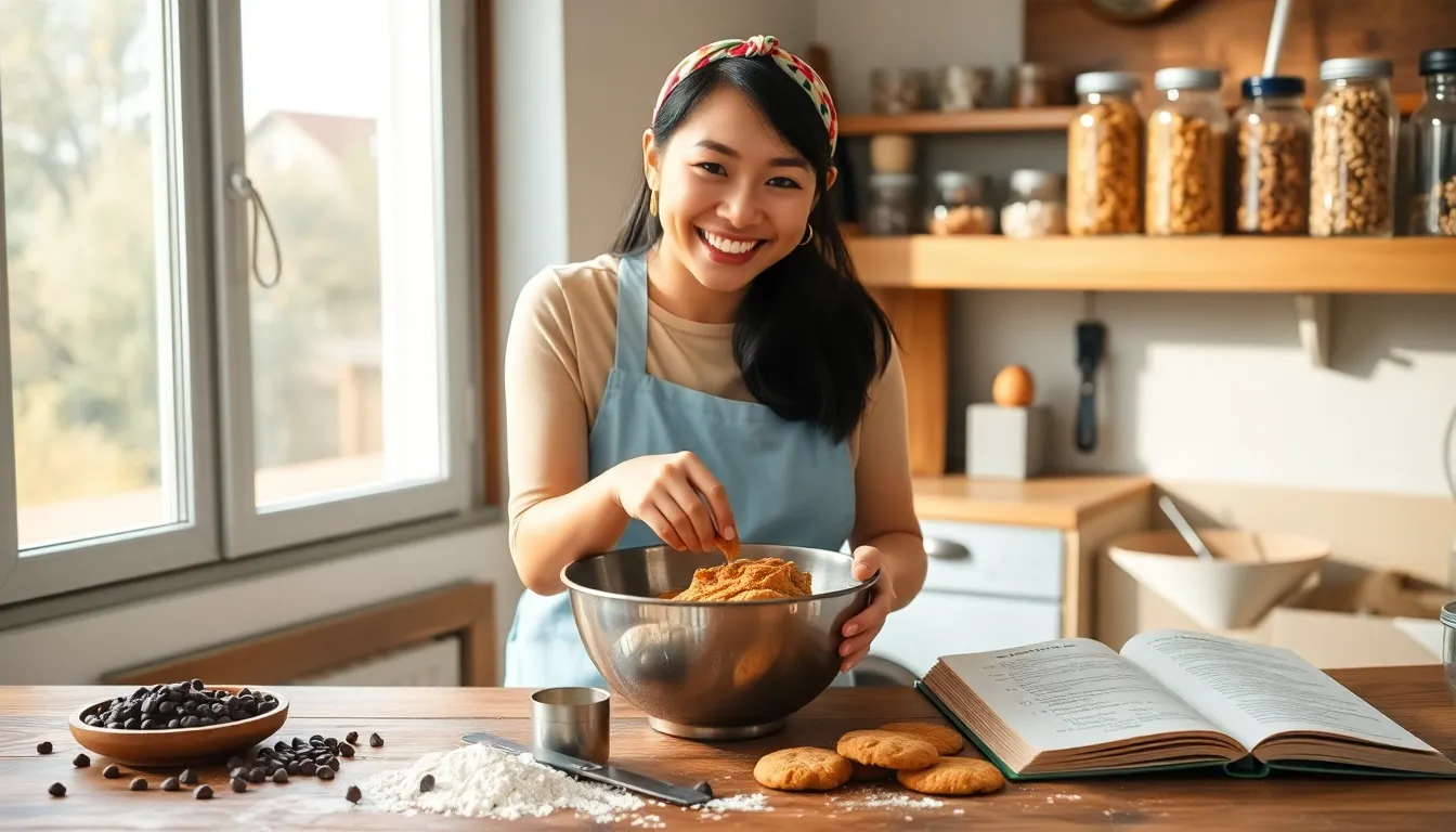 a young woman joyfully baking cookies in a cozy kitchen.