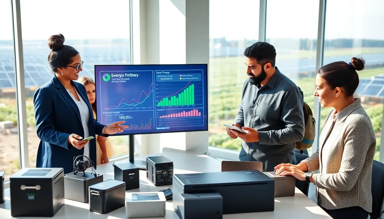 professionals discussing renewable energy technologies in a modern office.