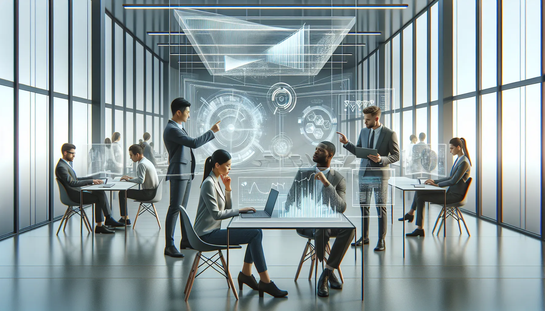 diverse team collaborating with machine learning technology in a modern office.