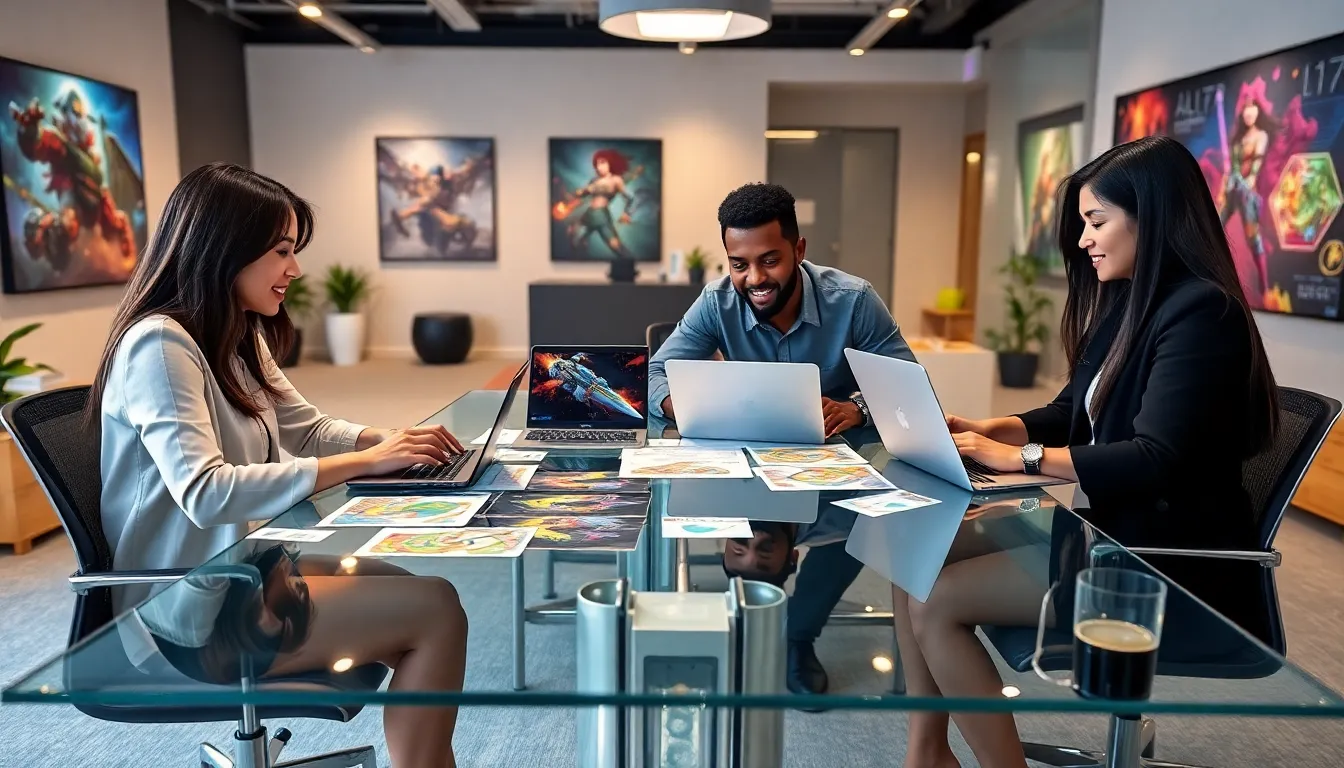 diverse team collaborating in a modern gaming office.