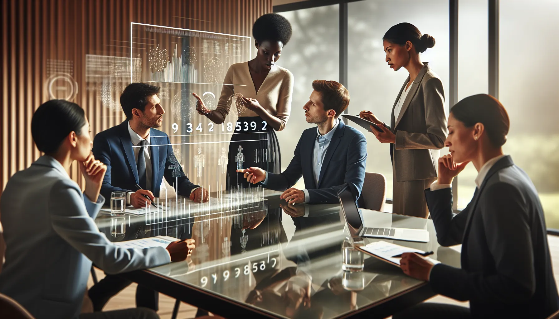 diverse team discussing a number in a modern office.