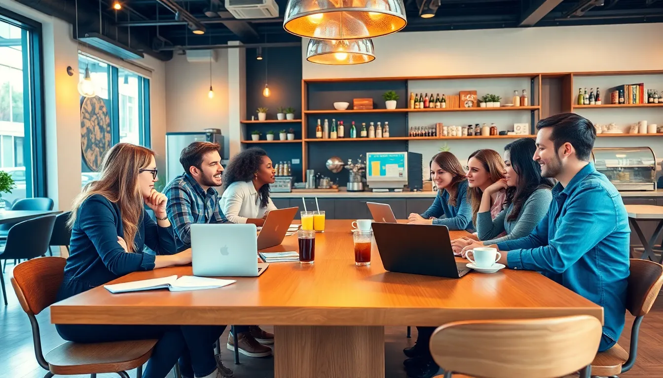 diverse group discussing ideas in a modern coffee shop.