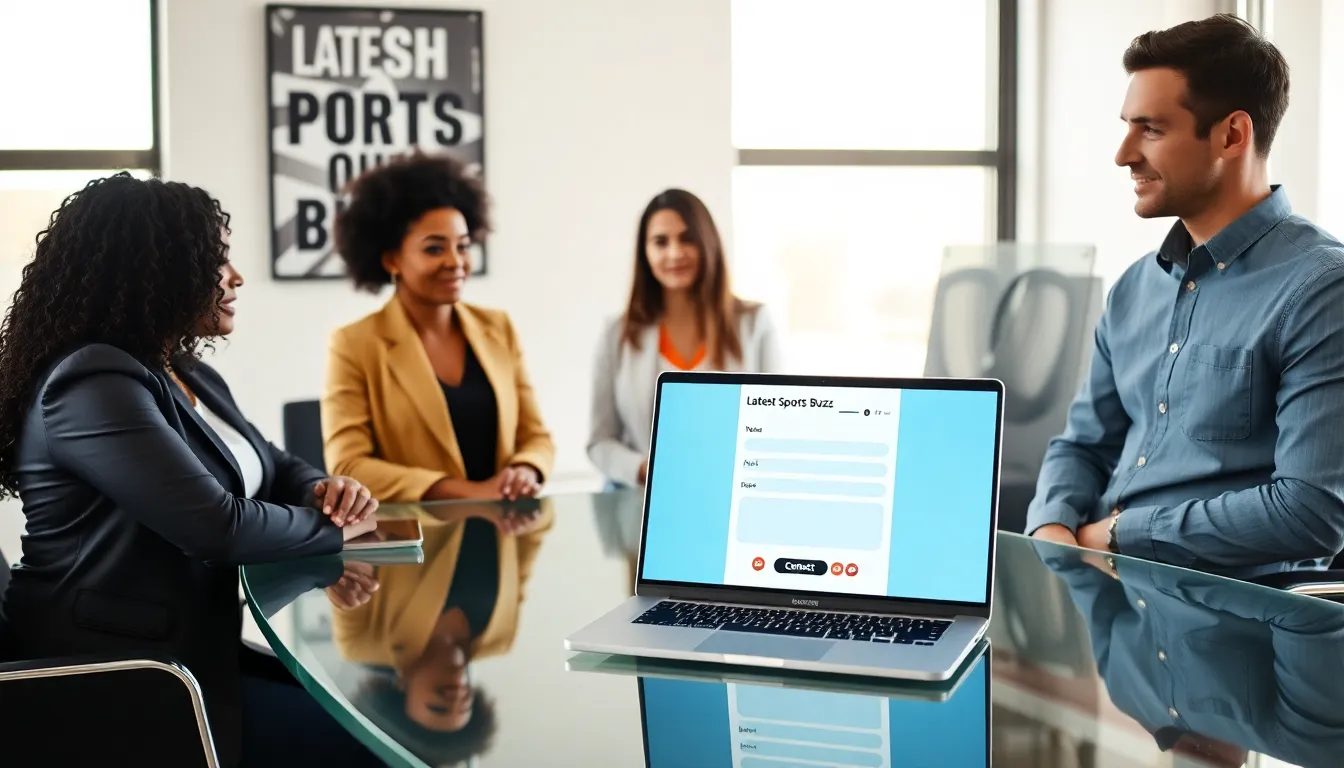 diverse professionals discussing a contact page in a modern office.