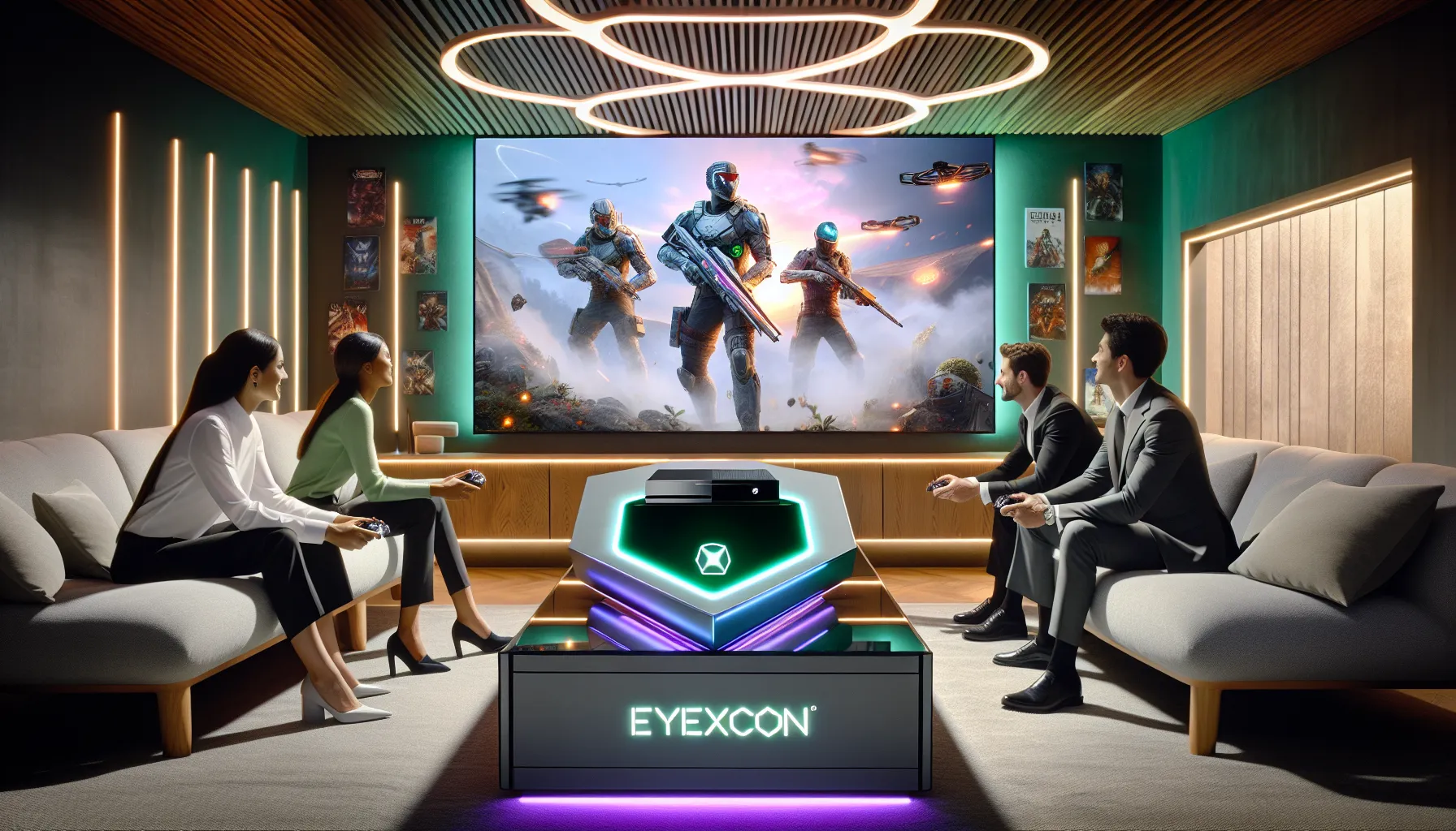 diverse group enjoying gaming with the Eyexcon console in a modern setting.