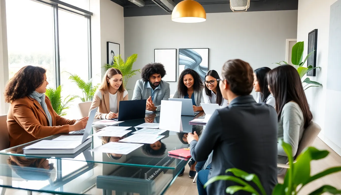 diverse team collaborating in a modern office.