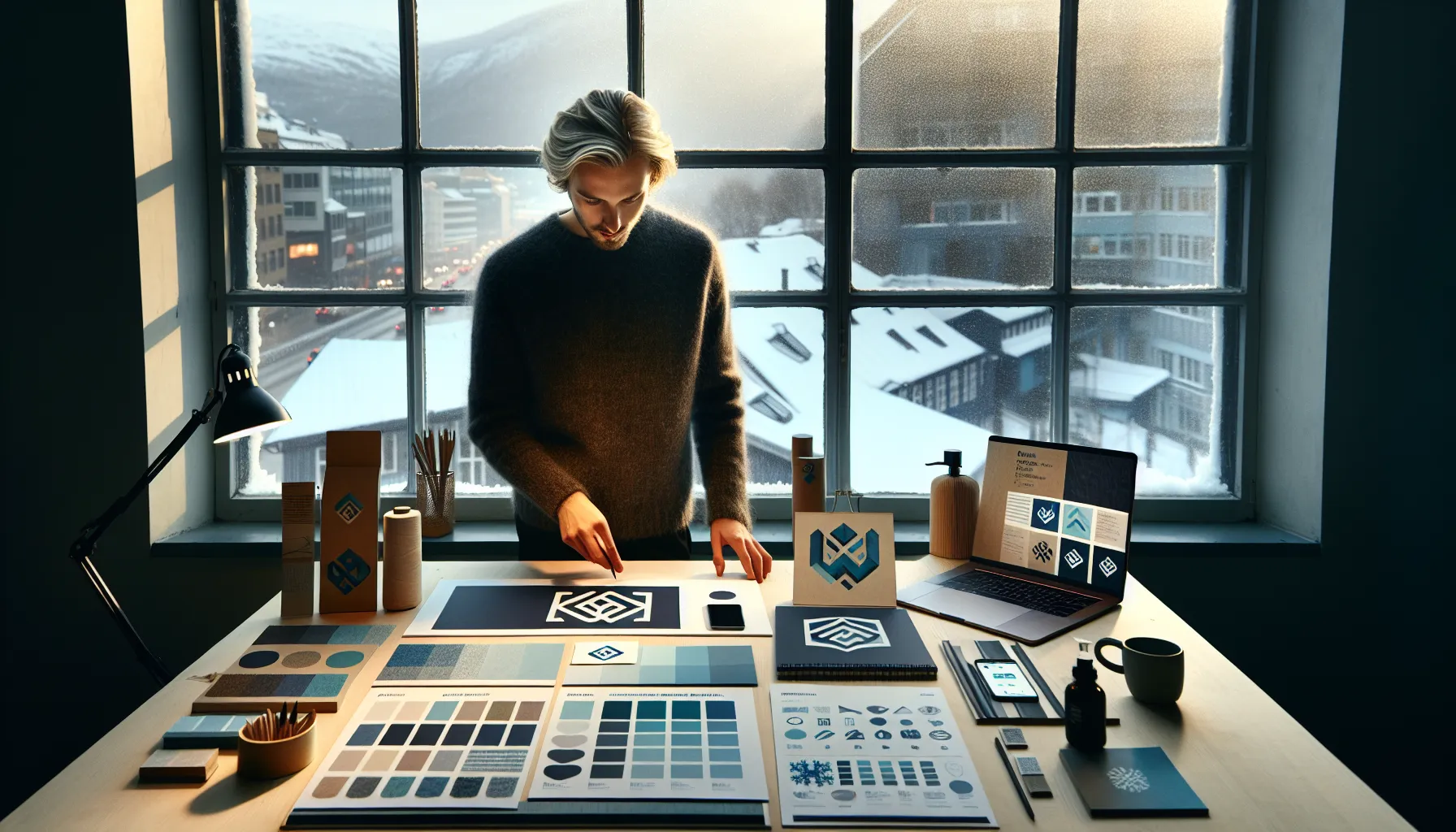 Norwegian designer arranging a consistent brand identity across print and digital mockups.