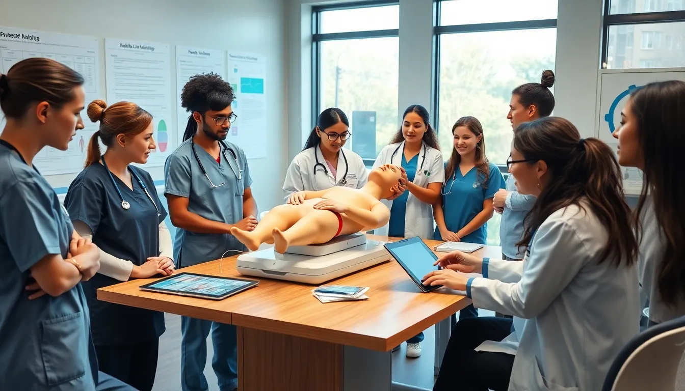 nursing students engaged in hands-on training in a modern classroom.