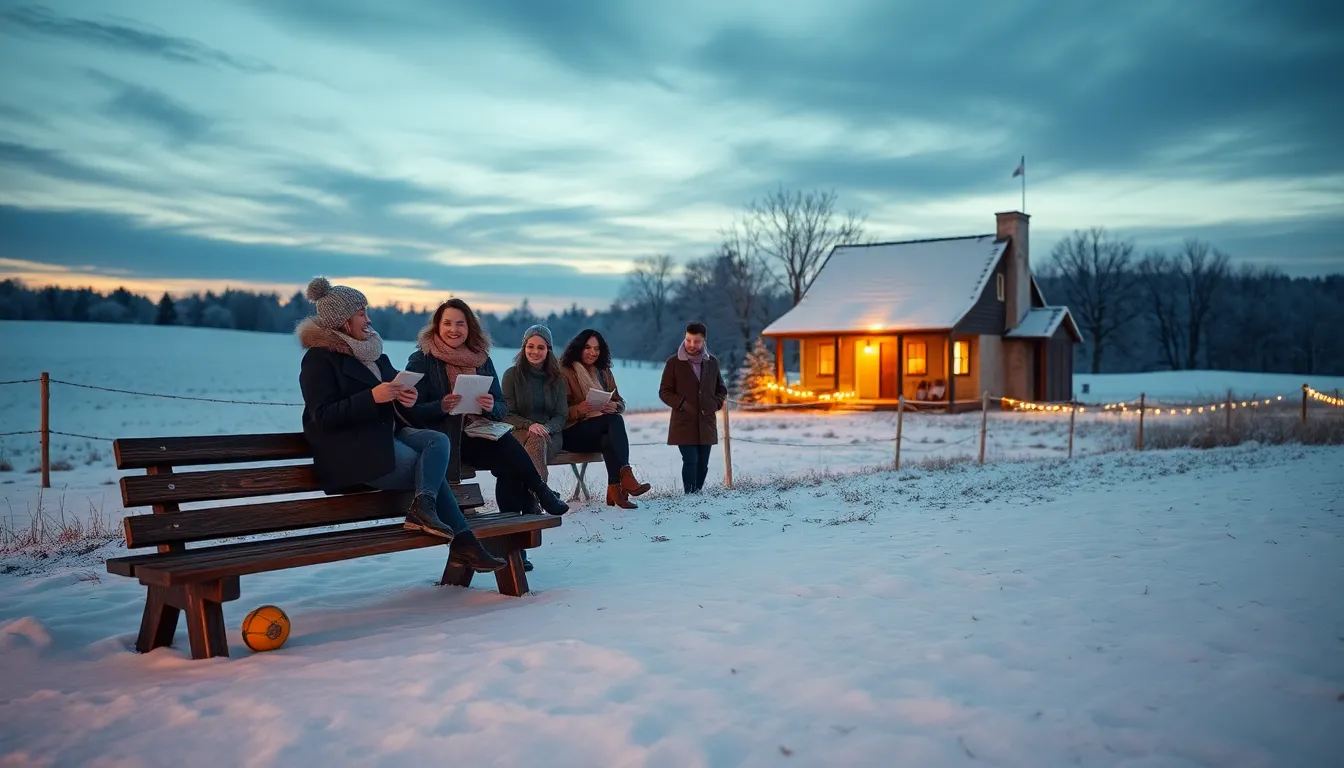 a serene winter scene with friends sharing inspirational quotes.