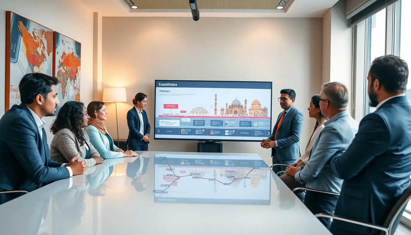professionals discussing the history of Esadollmisa in a modern office.