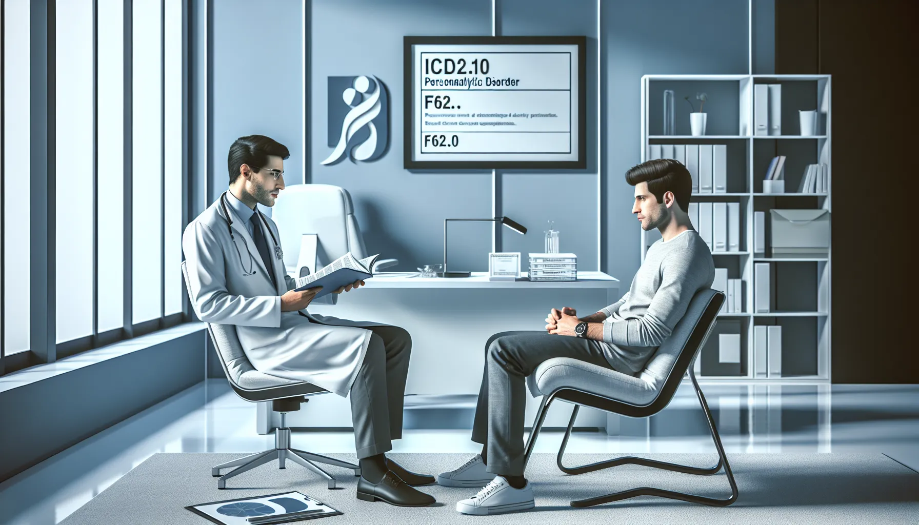 Psychologist consulting with patient about F62.0 diagnosis in modern medical office