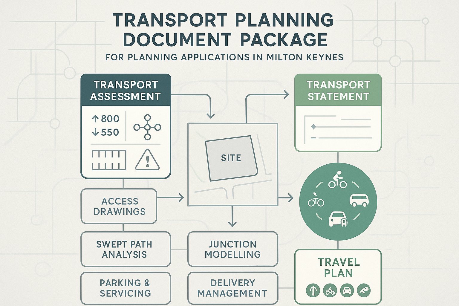 Infographic of key transport planning documents for Milton Keynes planning applications.