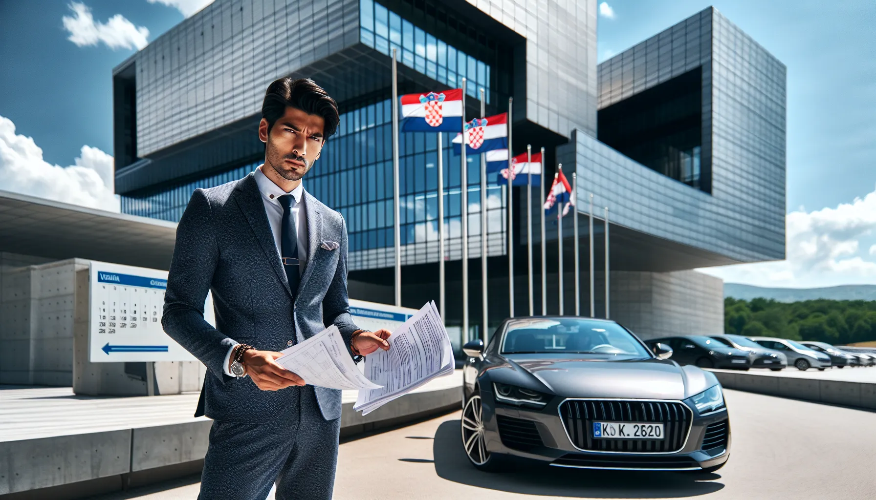 Professional with car registration documents outside Croatian vehicle registration office