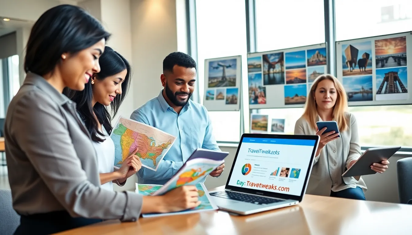 diverse team planning travel in a modern office setting.