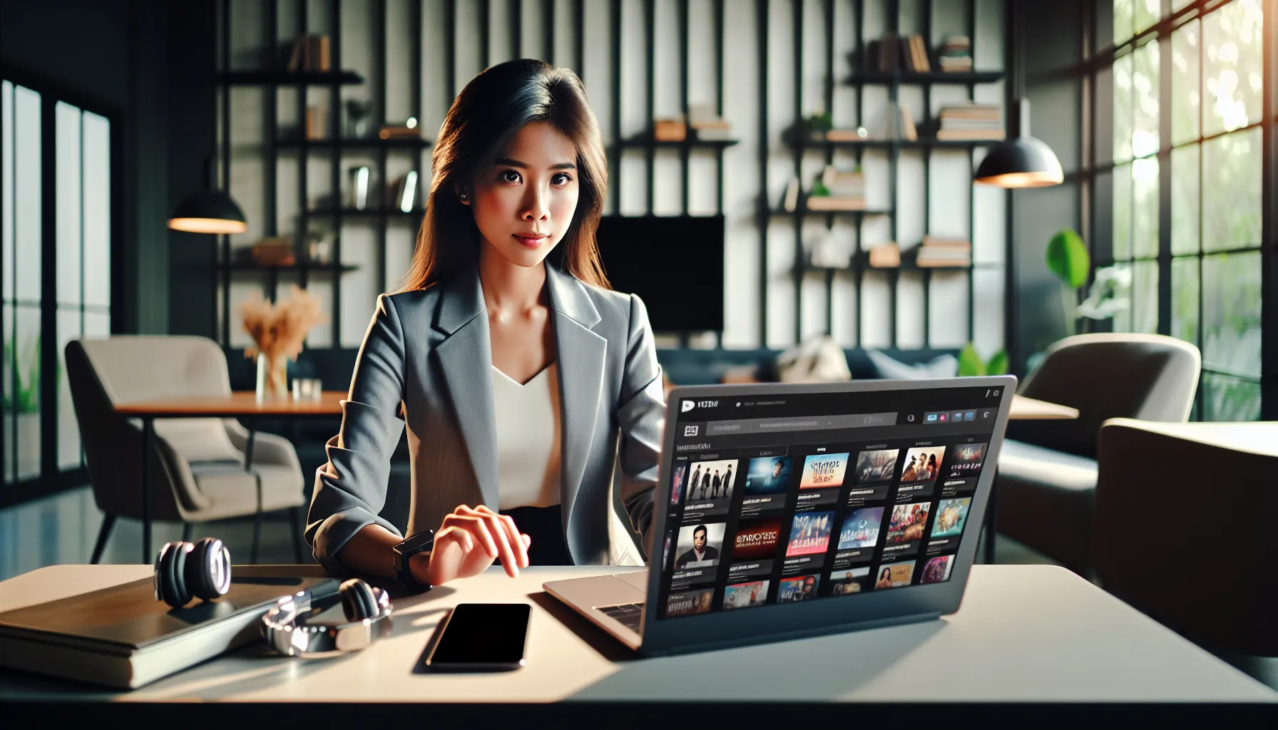 individual using Filmywap.com on a laptop in a modern workspace.