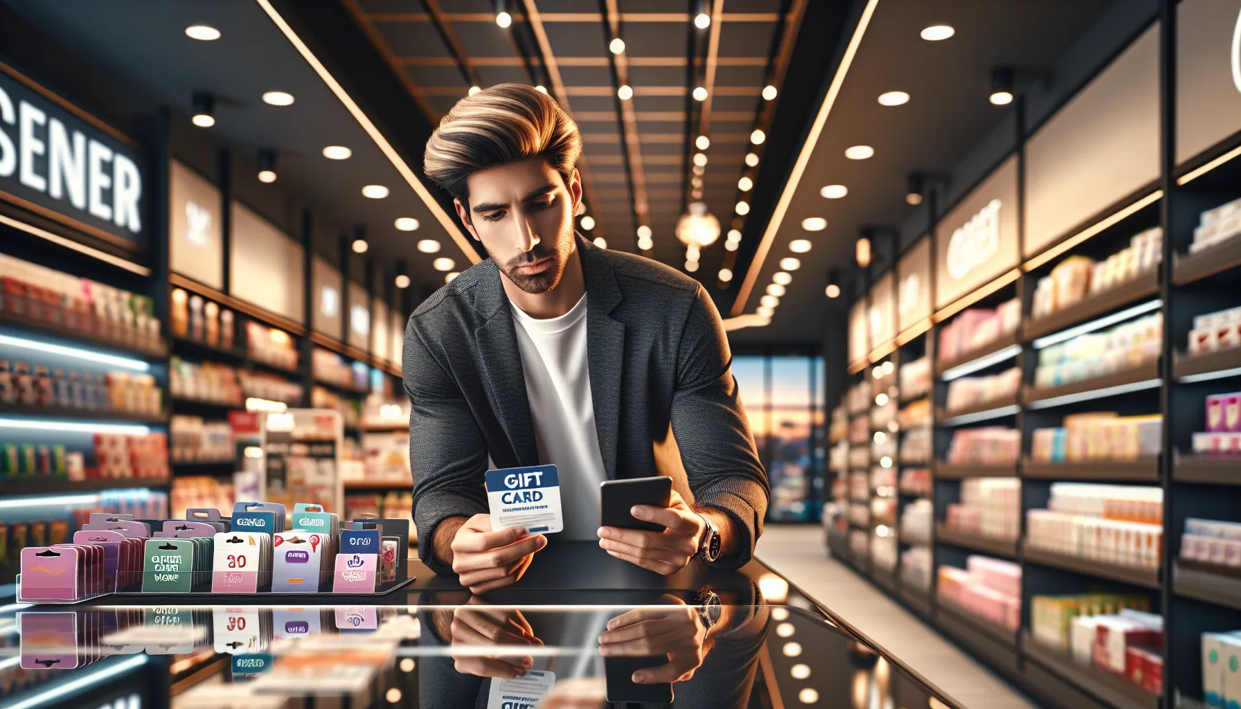 shopper evaluating a Speedway gift card in a modern convenience store.