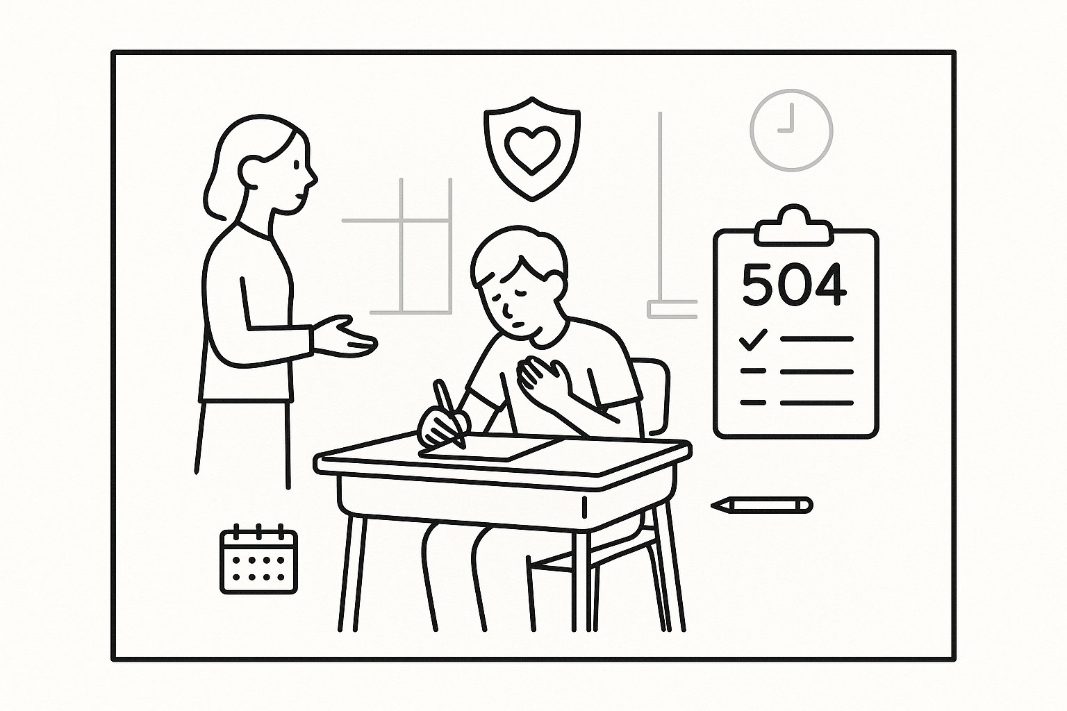 Student at a desk with a 504 clipboard and supportive teacher in classroom. - What Is A 504 Plan For Anxiety A Practical Guide For Parents And Professionals In 2026