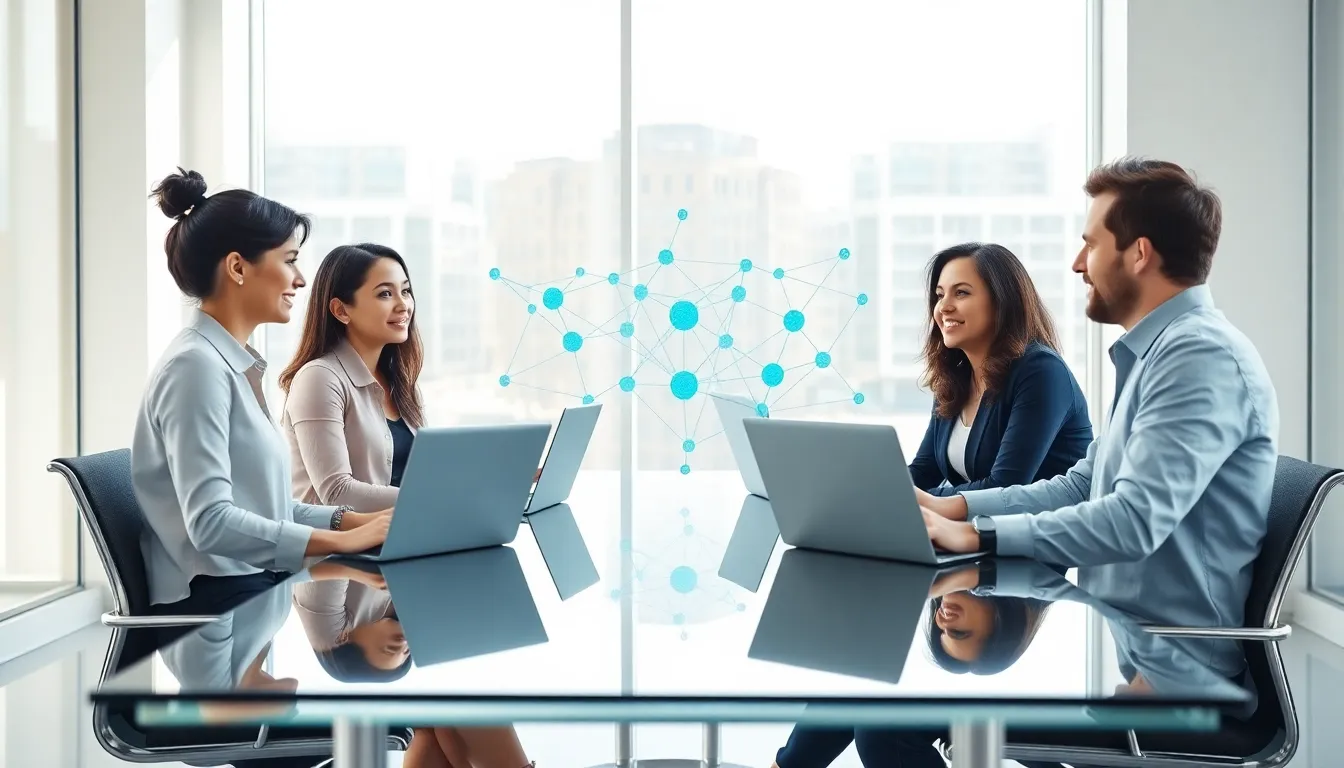 diverse professionals discussing Bitclassic Coin in a modern office.