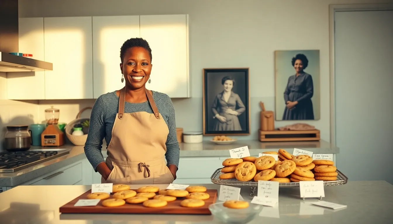 Mary Jackson presenting her freshly baked cookies in a warm kitchen.