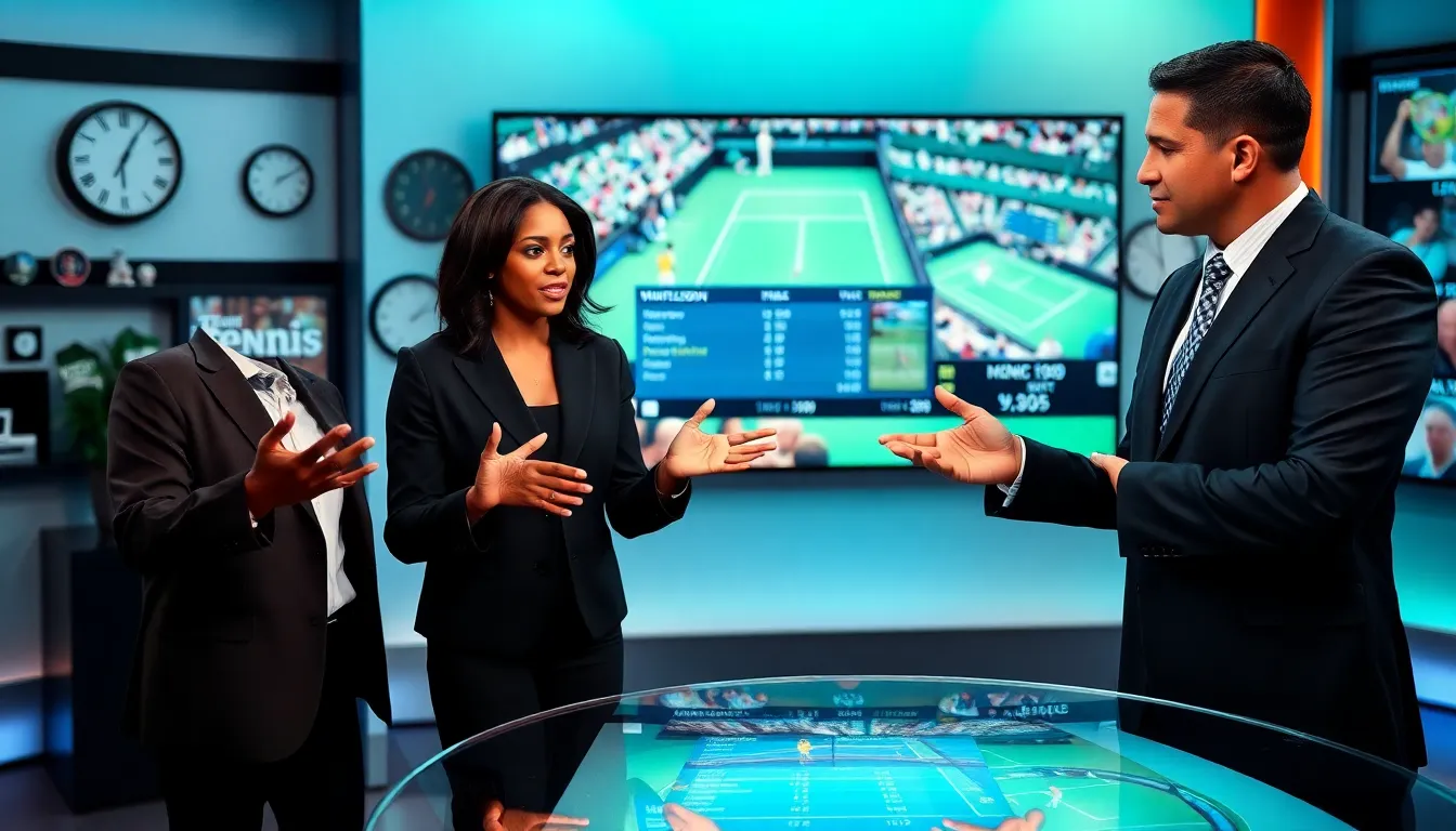 Sports analysts discussing tennis highlights in a modern studio.