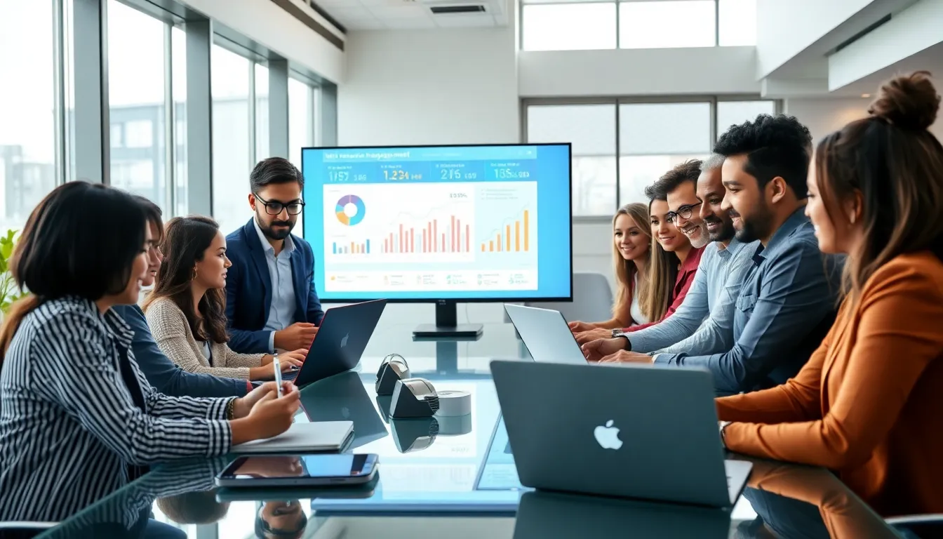 diverse team collaborating in a modern tech office setting.