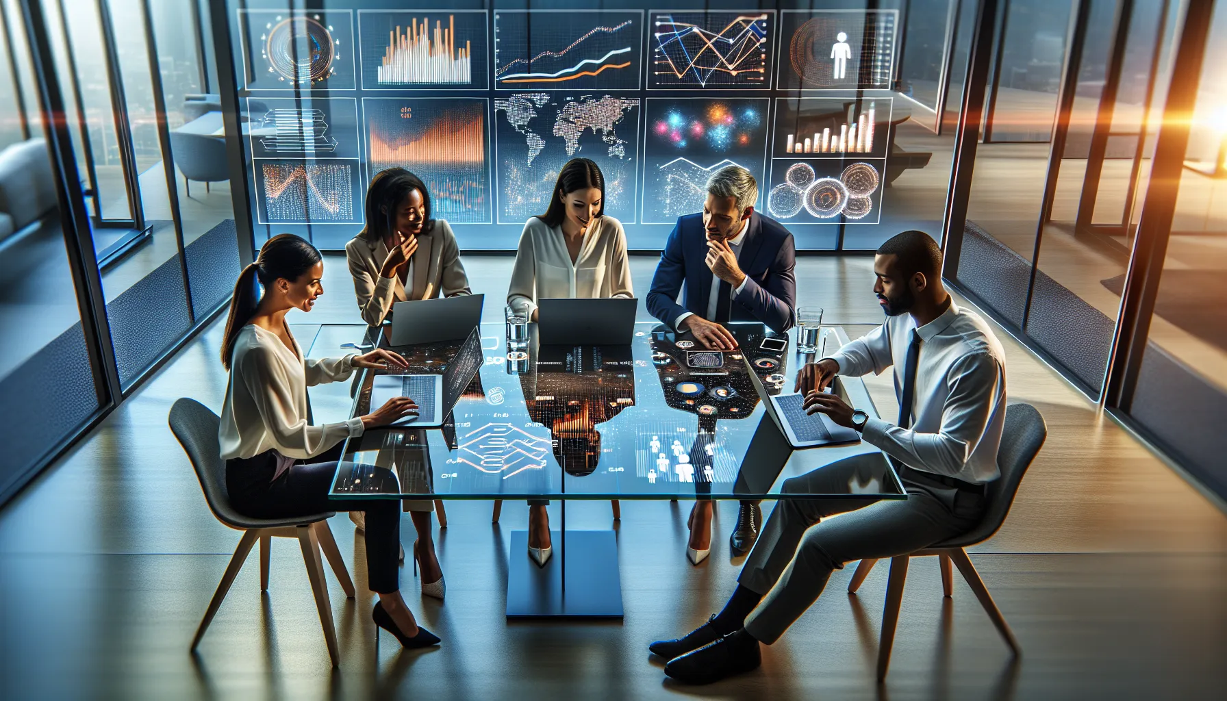 diverse professionals analyzing data in a modern office.