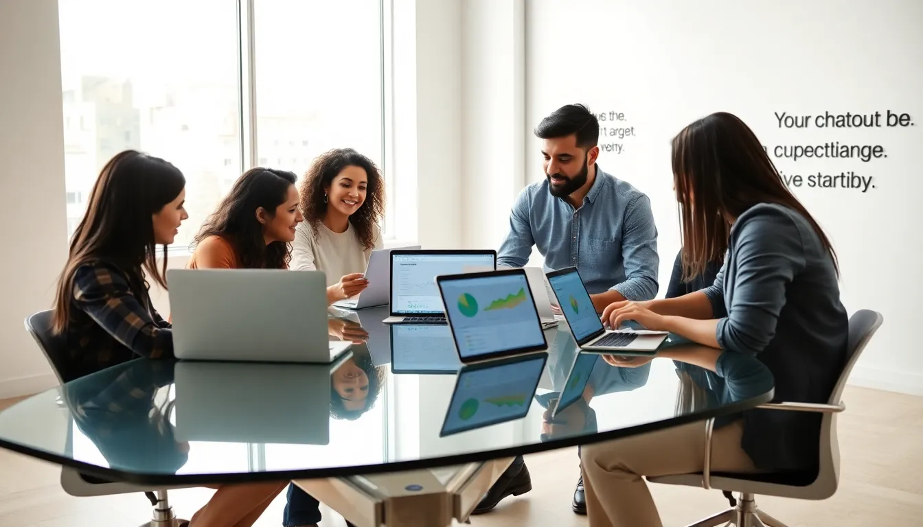 diverse team collaborating on CRM in a modern office.