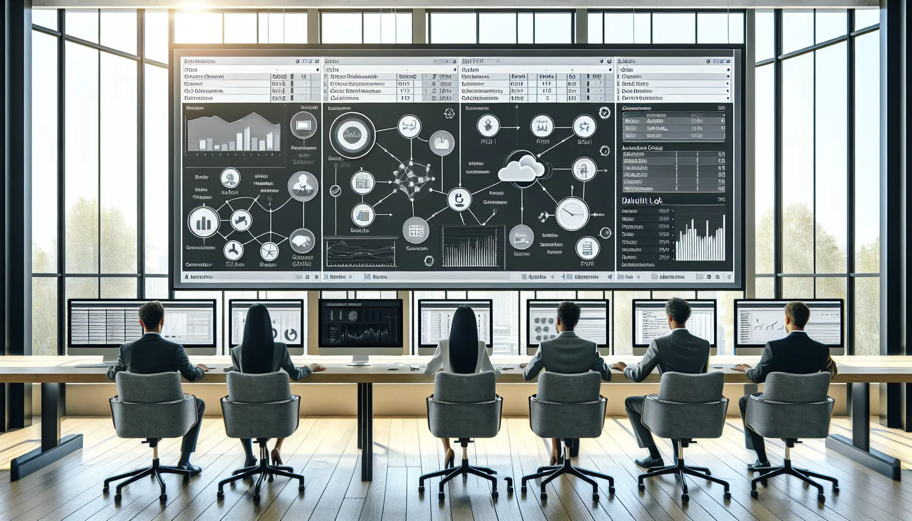 Diverse professionals reviewing automated Tableau schedules and report workflows on modern office screens.