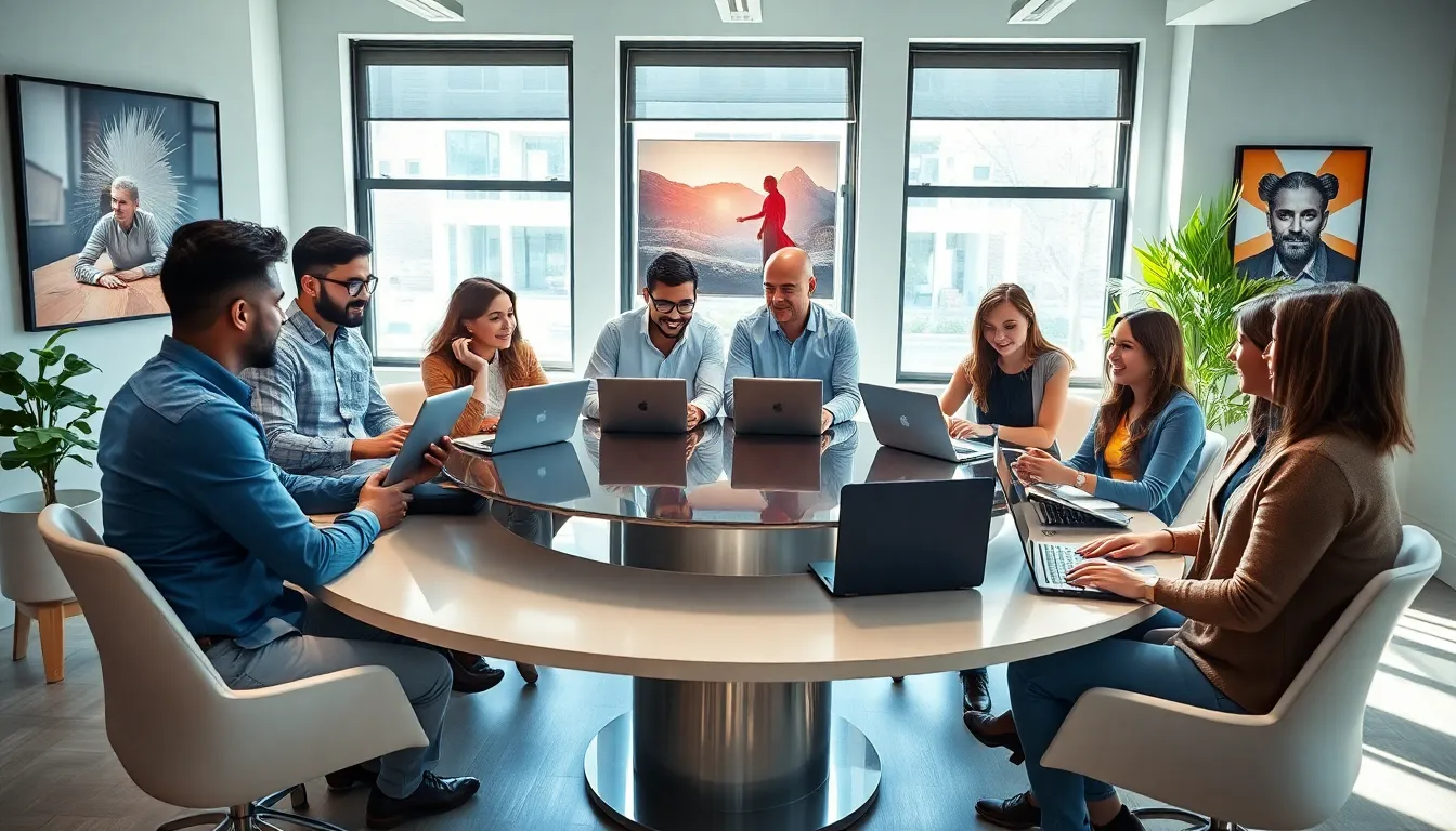 diverse group collaborating in a modern office environment.