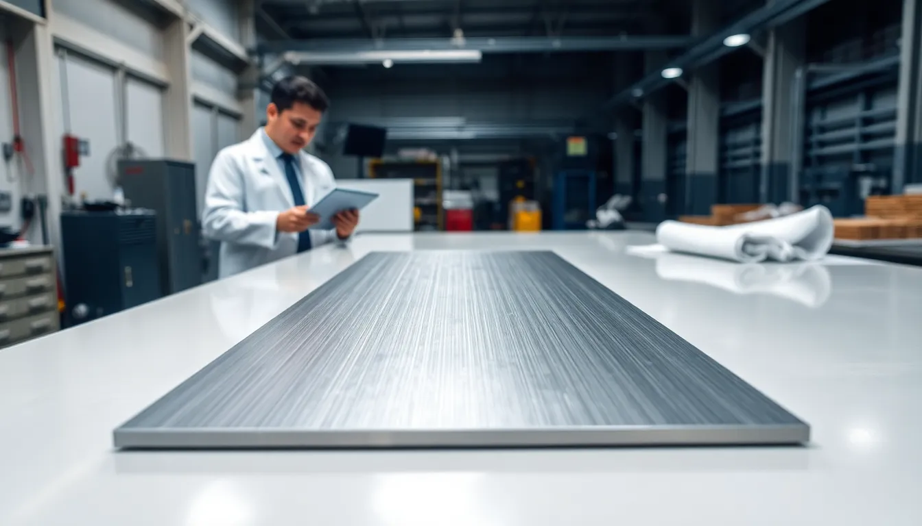 Close-up of brushed aluminum surface in a modern industrial setting.