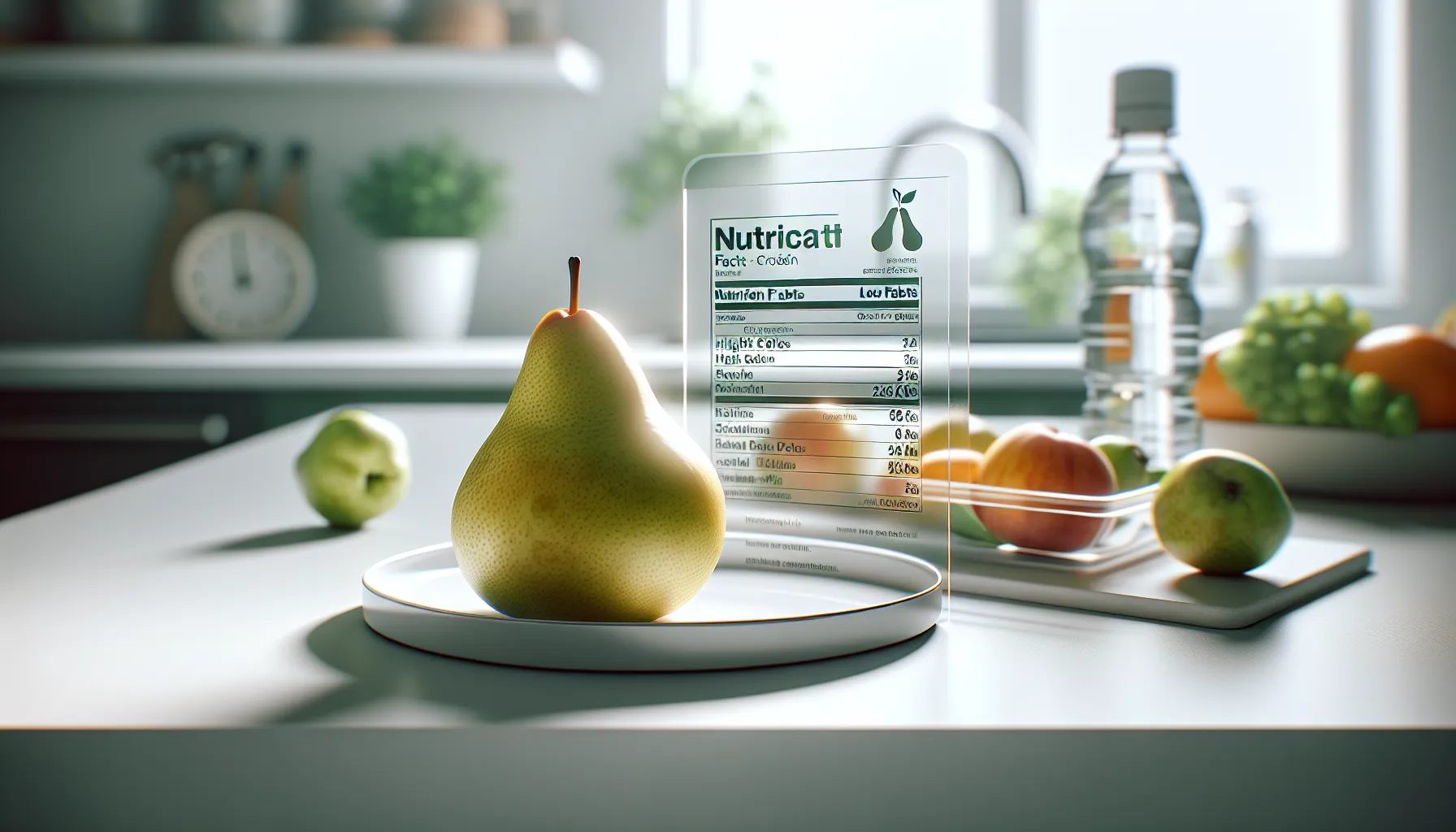 Fresh pear with nutritional chart in a bright kitchen setting.
