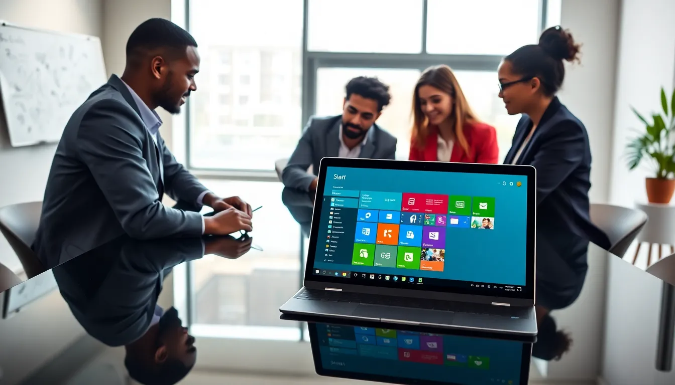 professionals in a modern office with a laptop showing Windows 11.