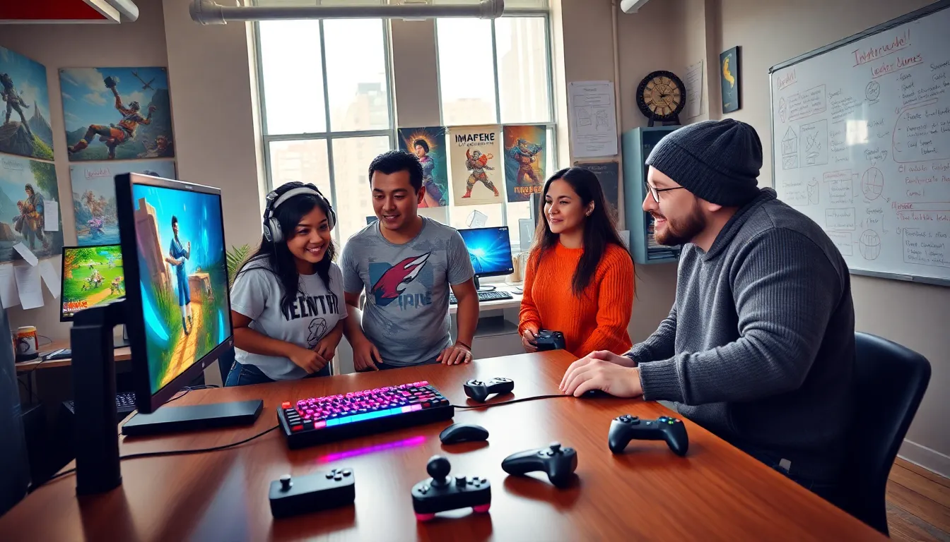 a diverse team of game designers collaborating in a modern studio.