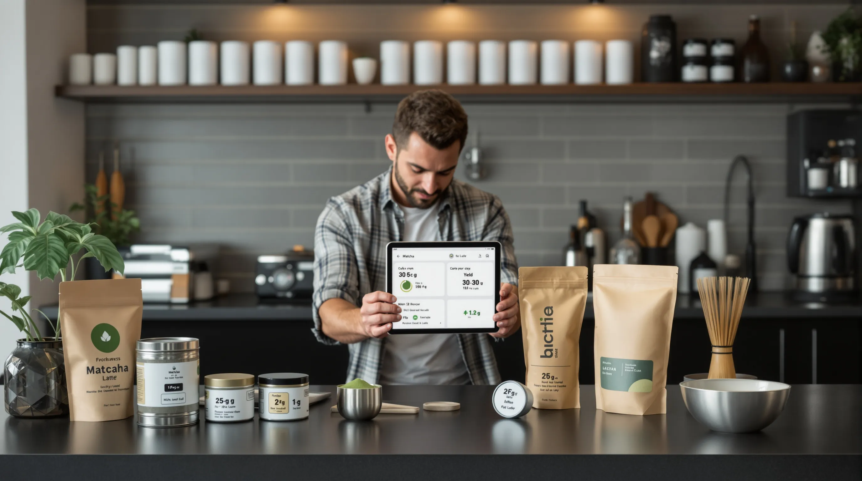 Café professionals review matcha costs and packaging options on a sleek dashboard.