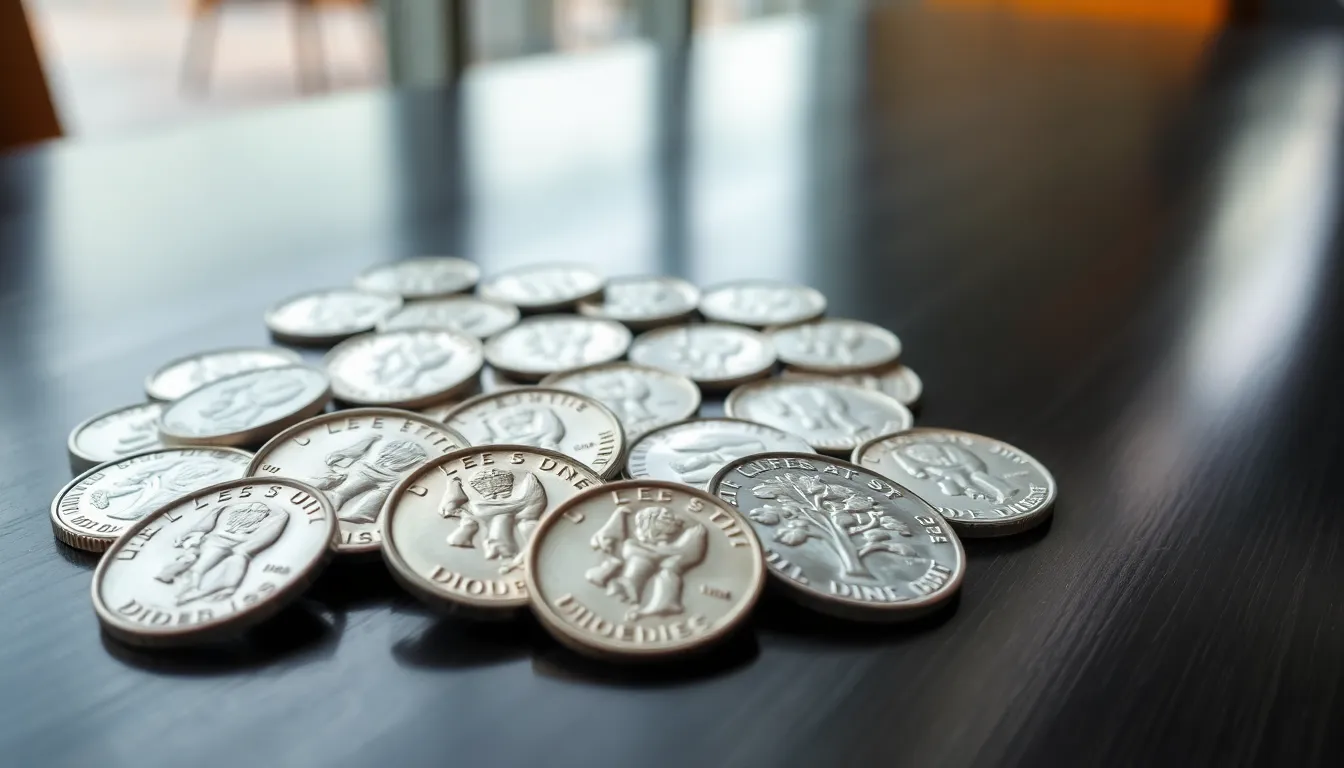 close-up of modern US dimes on a sleek wooden table.