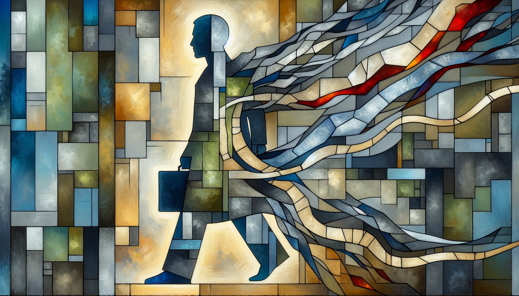 Protective ribbon shielding a fragmented clinician from jagged red legal threads.