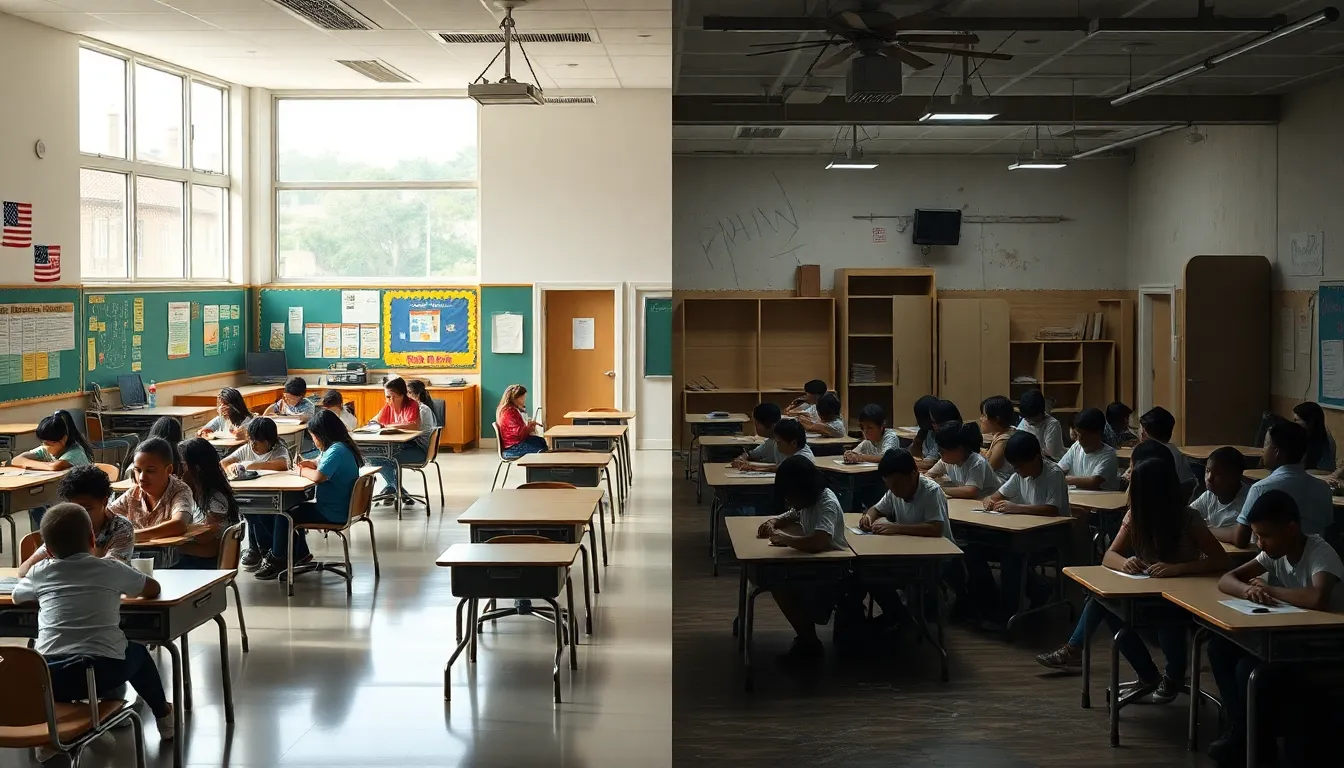 contrasting classrooms showing education funding inequality.