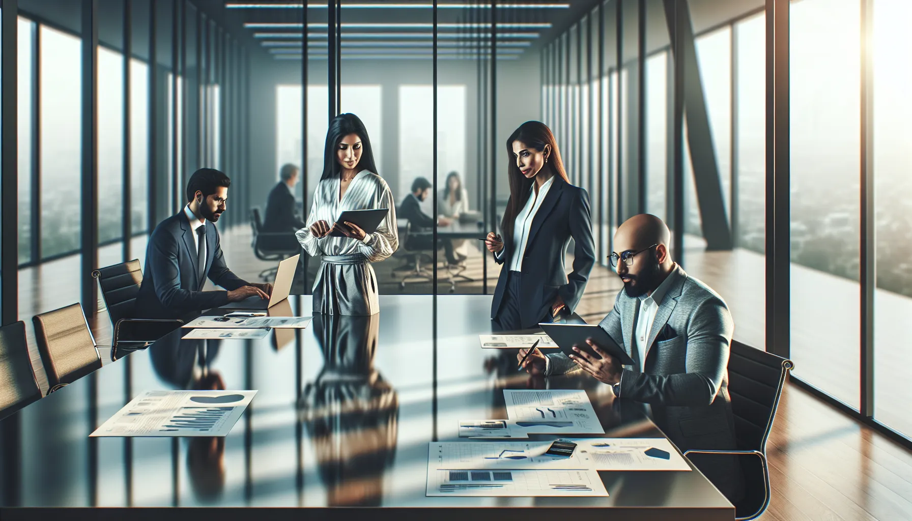 professionals discussing the latest gadgets in a modern office.