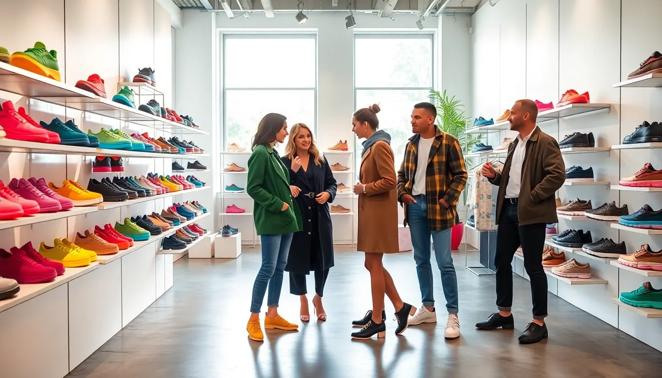 colorful trendy shoes on display in a modern store setting.