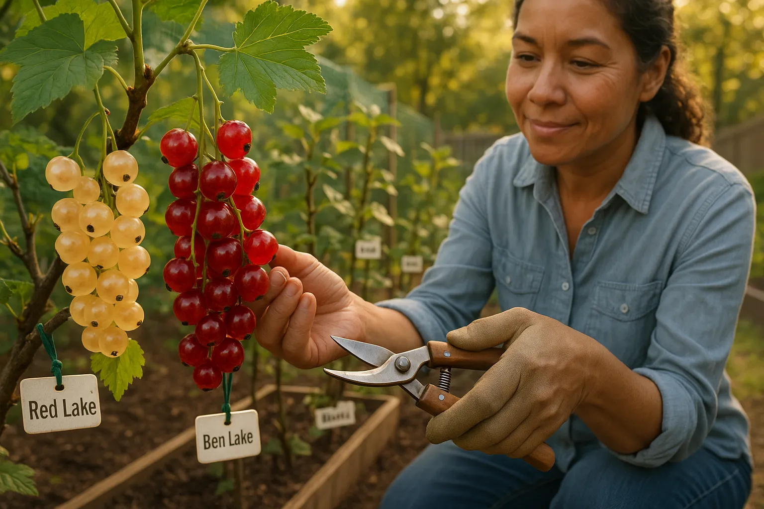 Gardener harvesting translucent whitecurrants beside ripe redcurrants in a backyard.