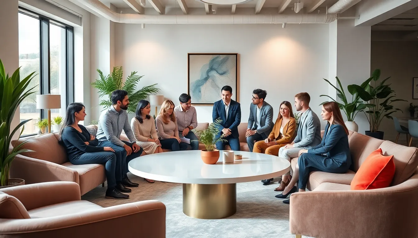 diverse team collaborating in a contemporary interior design office.