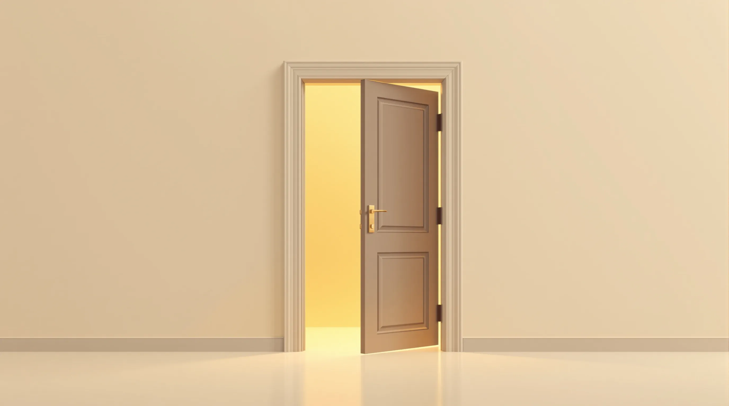 An open door with light shining through on a neutral background.