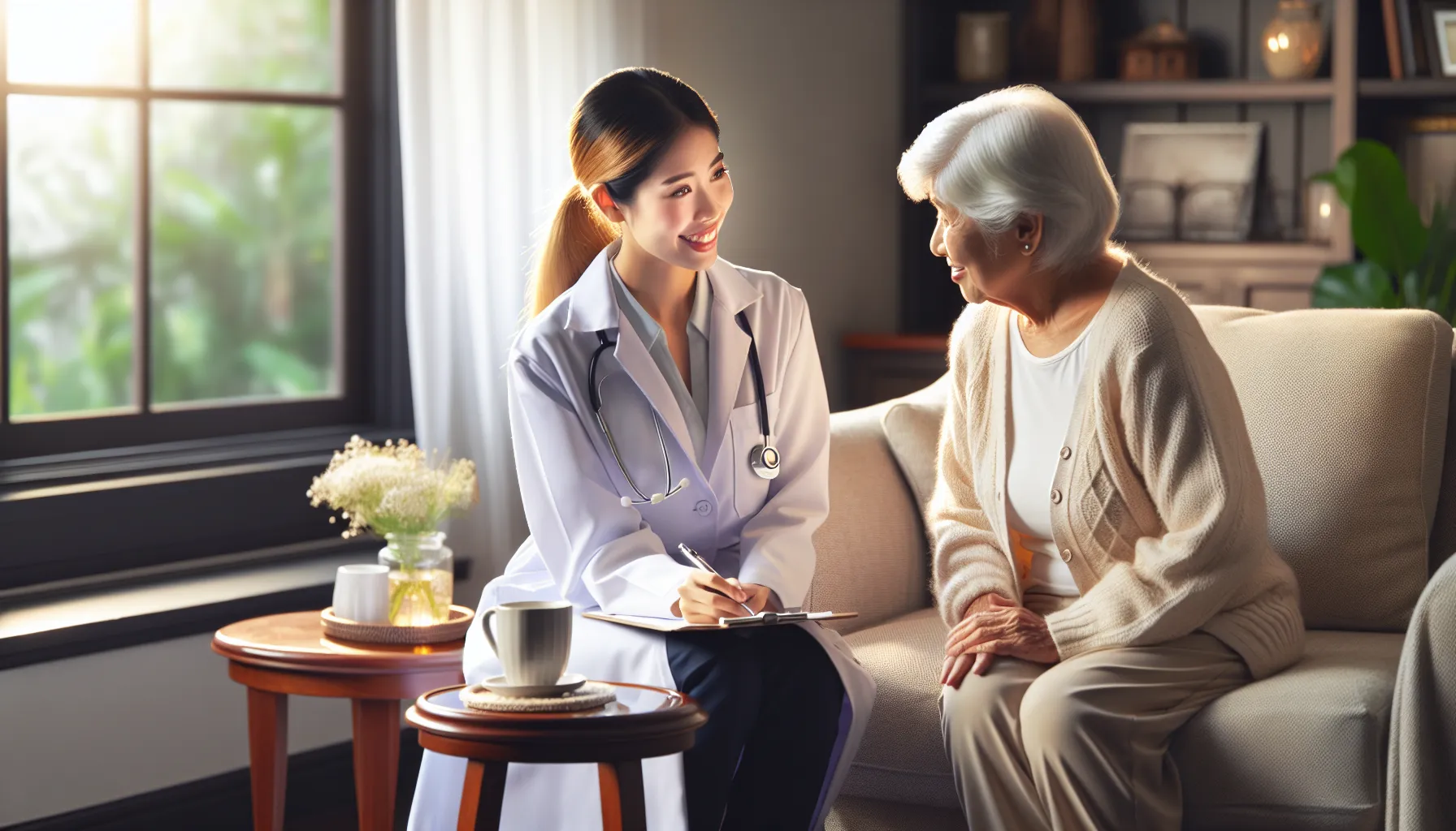 A doctor discussing health details with an elderly woman at home.
