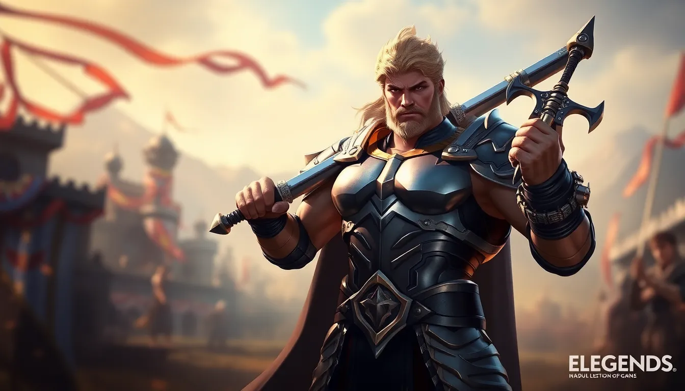 Garen from League of Legends posed heroically in a battlefield setting.